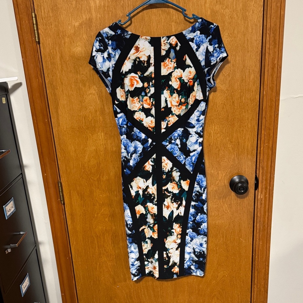 Cache Black and Blue Floral Midi Dress